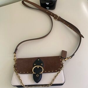 Coach Tan and Black Crossbody Bag with Gold Accents